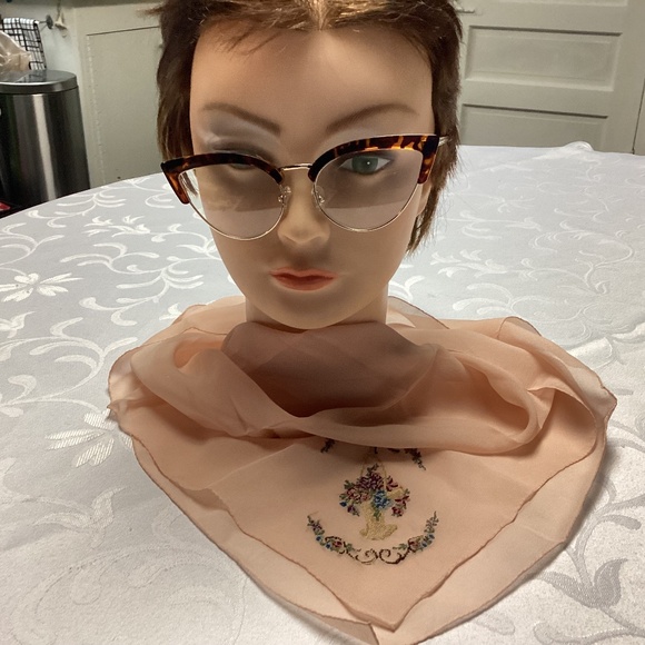 Accessories - SILK SCARF. APRICOT COLOR EMBROIDERED.  VINTAGE